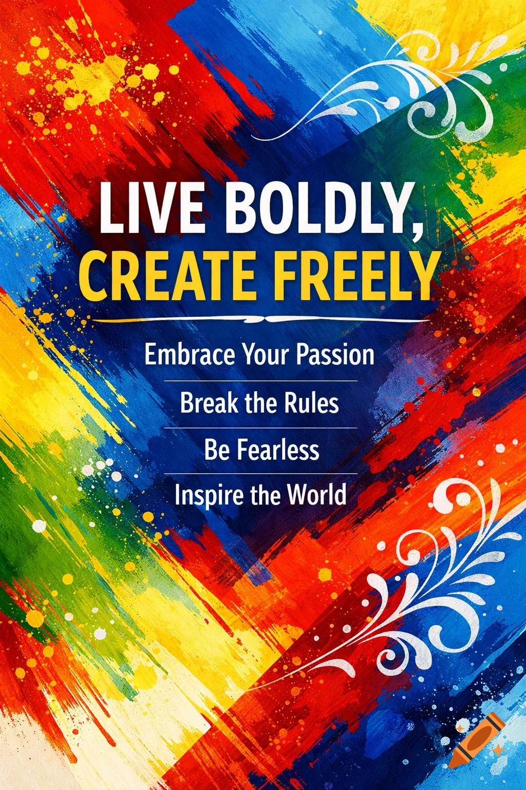 Vibrant abstract art poster with red, blue, yellow, and green paint strokes and splatters. Features motivational text.