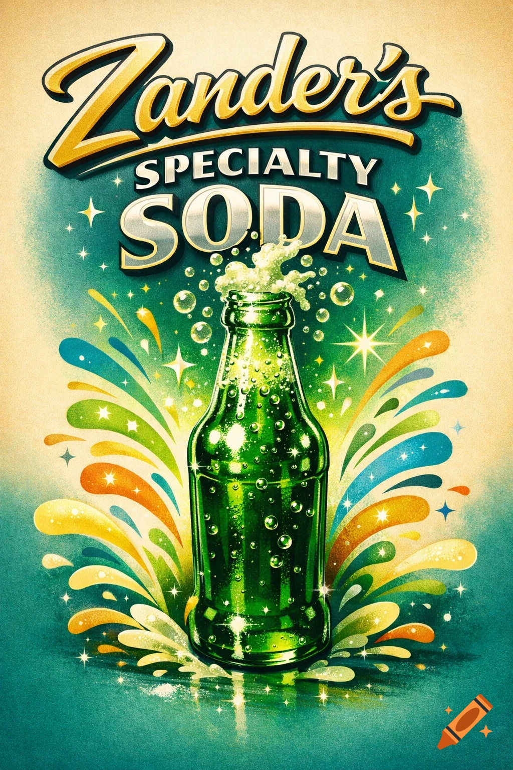 Vintage poster for Zander's Specialty Soda, showing a green bottle fizzing with colorful splashes and sparkles.