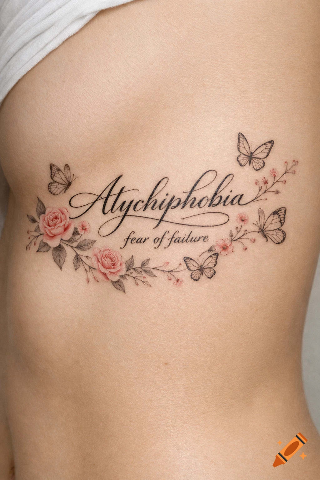 Realistic side rib tattoo featuring 'Atychiphobia fear of failure' text, pink roses, floral vines, and butterflies on fair skin.