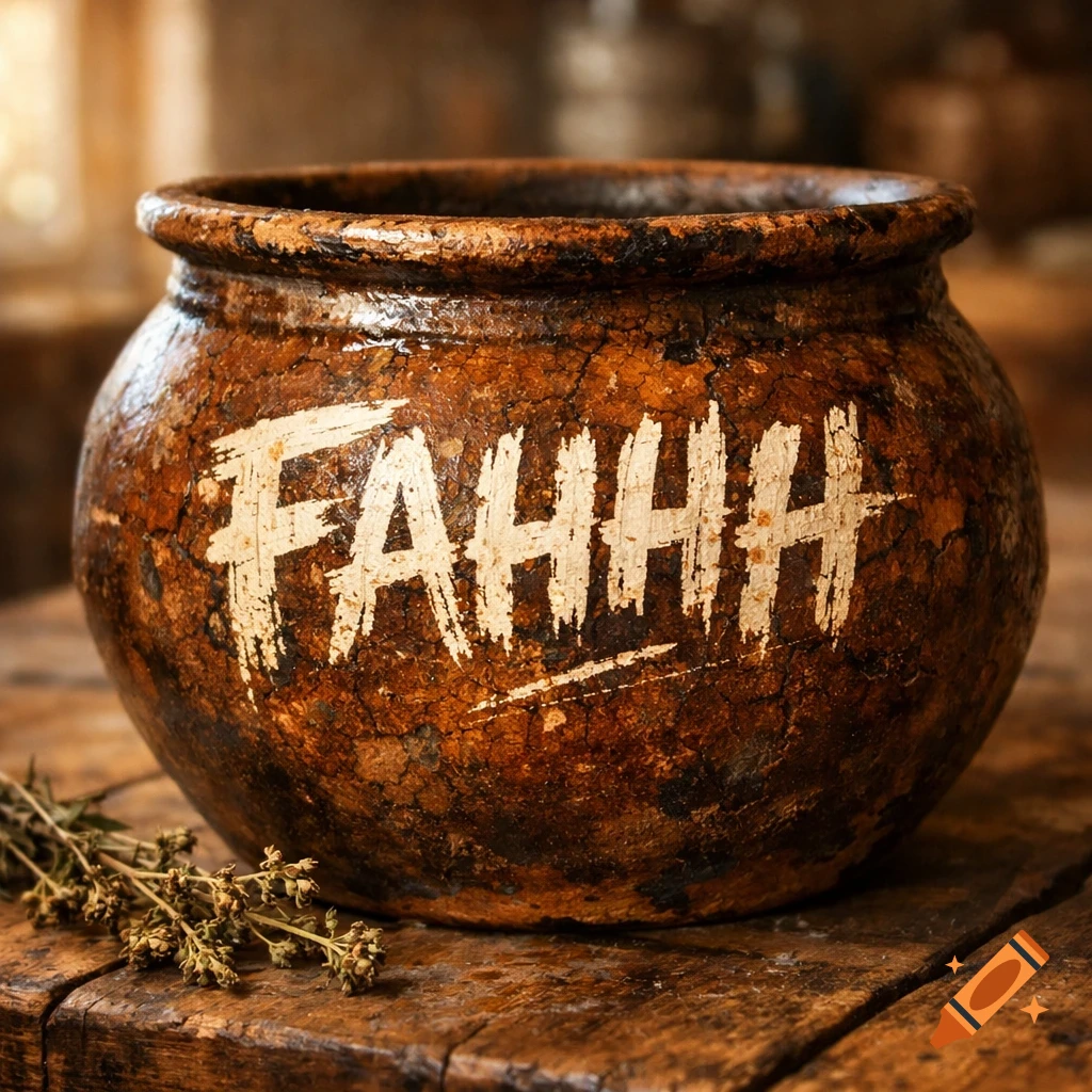 A rustic, textured brown ceramic pot with the word "FAHHH" painted in white, sitting on a wooden surface with dried herbs.