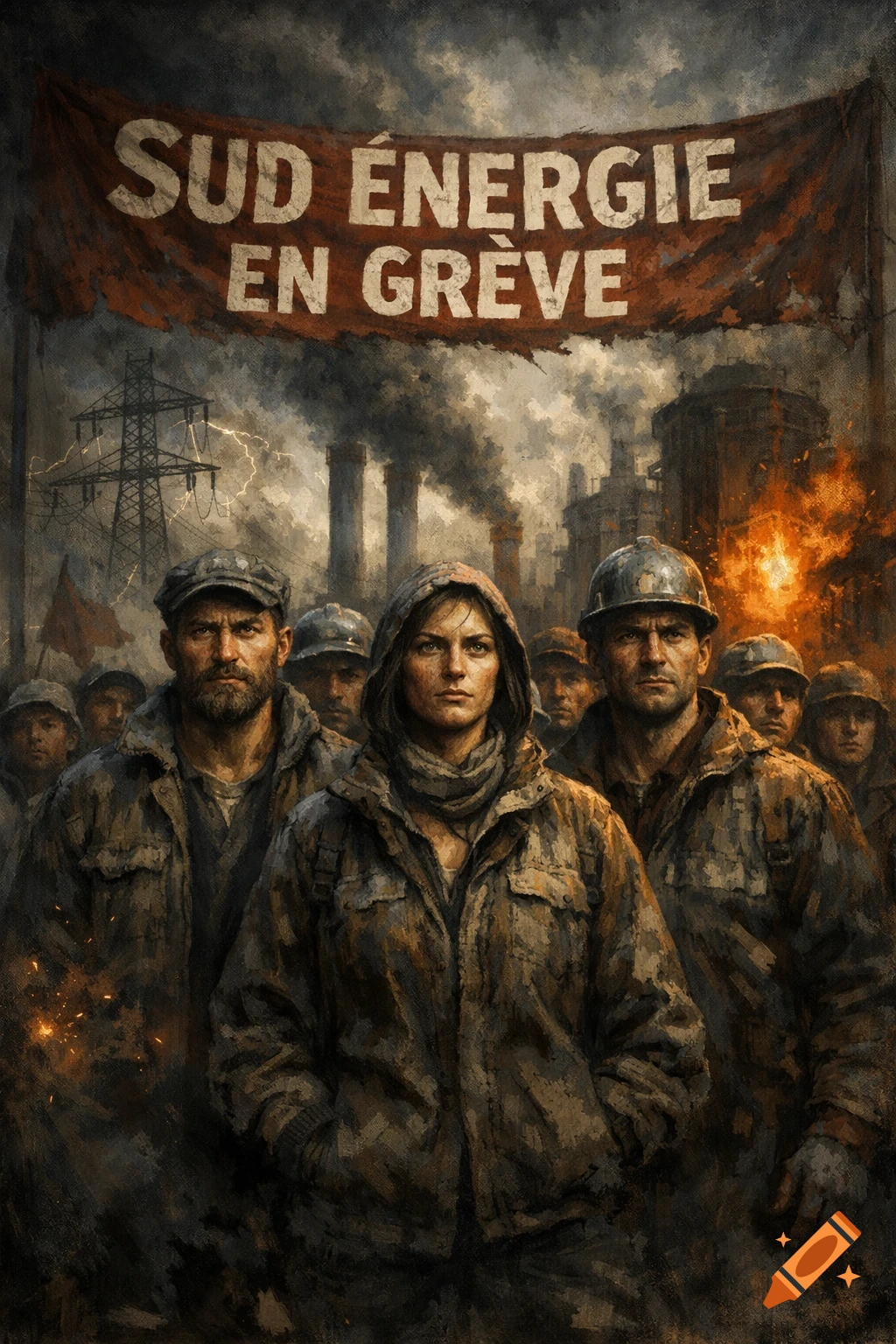 Gritty painting of serious workers protesting in an industrial setting, with a banner stating 'SUD ENERGIE EN GRÈVE'.