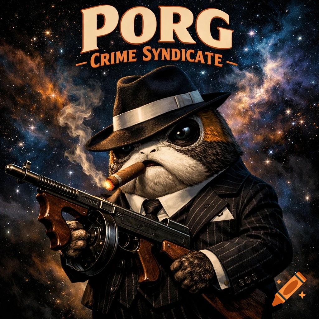 A Porg dressed in a pinstripe suit and fedora, smoking a cigar, holding a Tommy gun against a starry space background, with "PORG CRIME SYNDICATE" above.