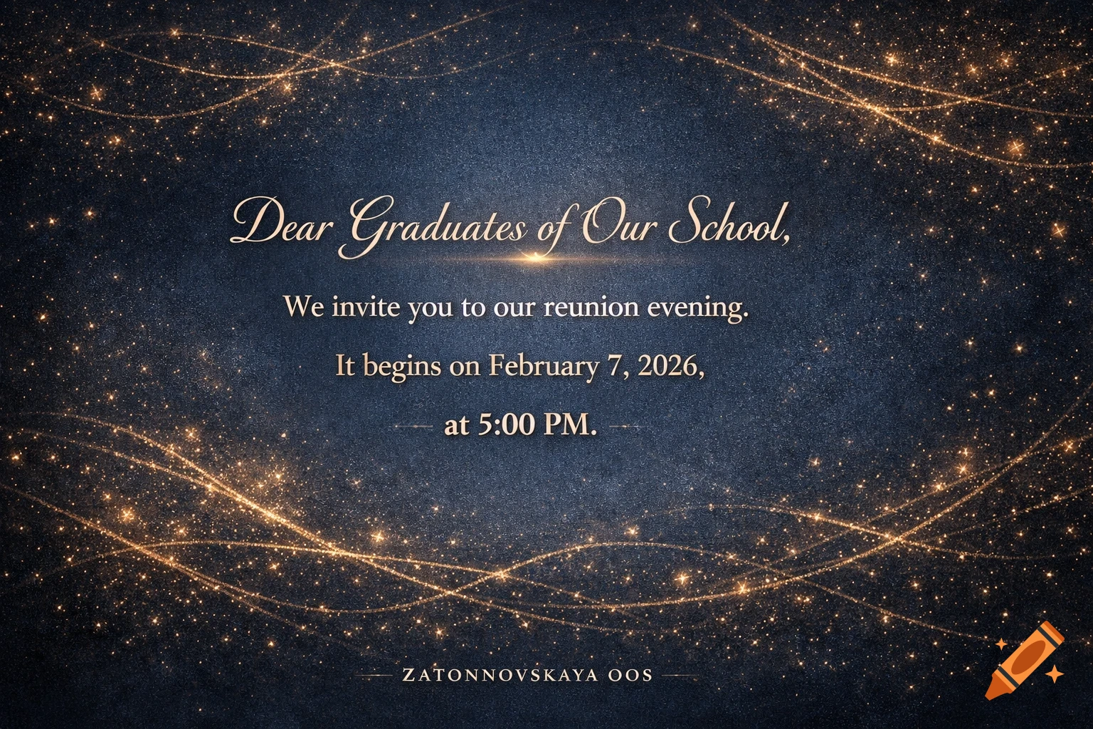 An elegant blue invitation card with golden sparkling wavy lines, announcing a school reunion on February 7, 2026, at 5:00 PM, from Zatonnovskaya OOS.