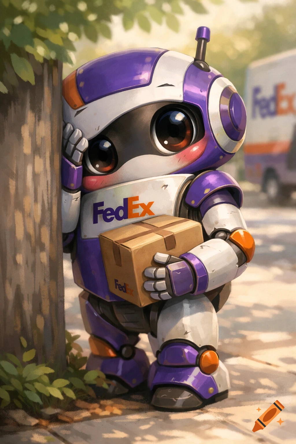 A shy, cute purple and white robot peeks from behind a tree, holding a FedEx package, with a FedEx truck in the background.