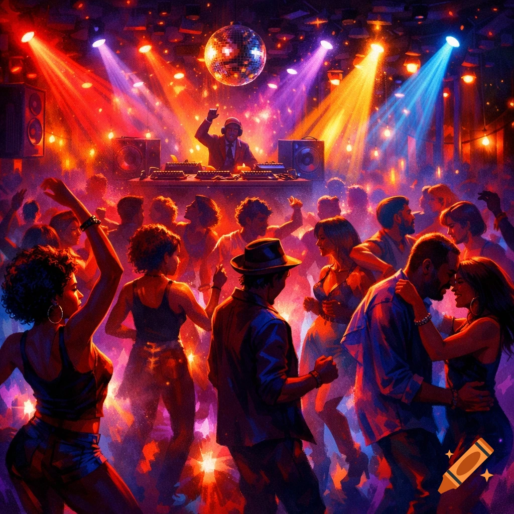 A vibrant, retro-style disco club scene with many people dancing under colorful red and blue lights and a large disco ball, with a DJ in the background.
