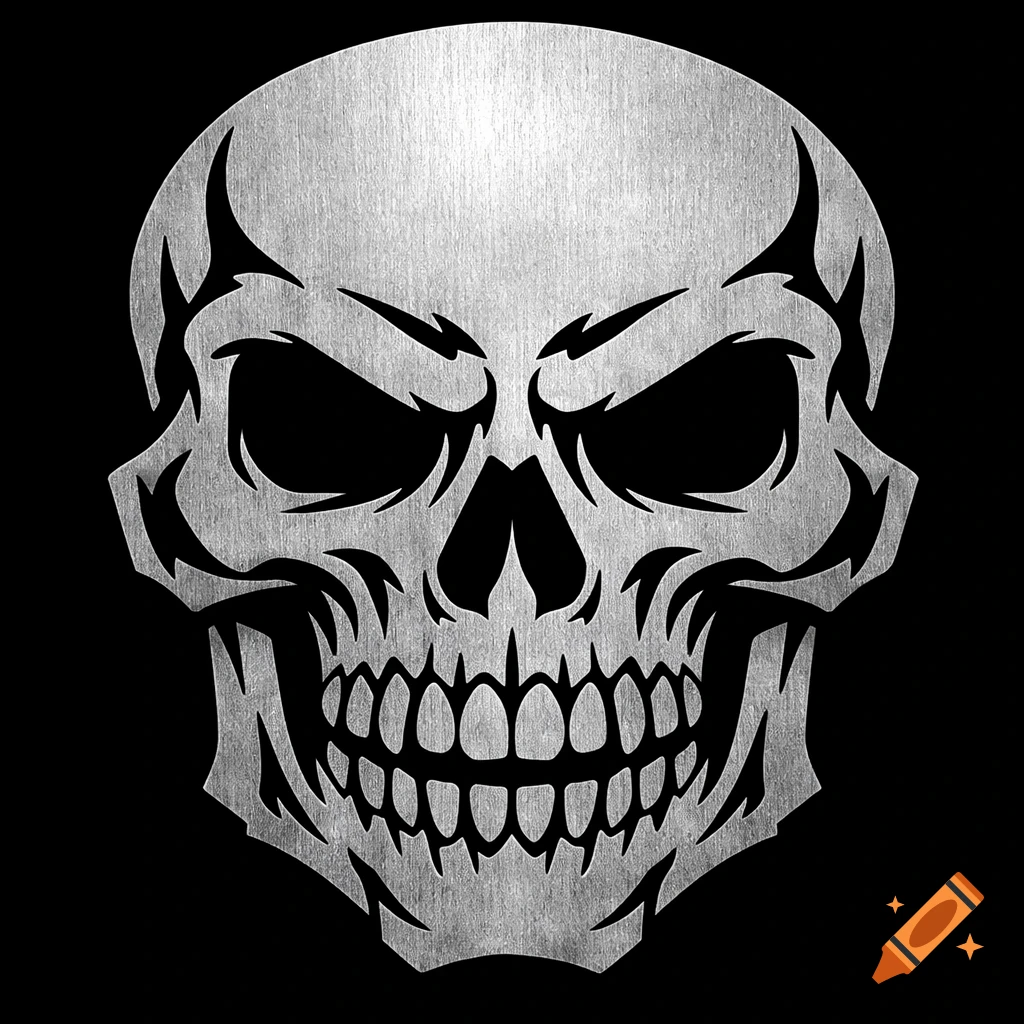 A stylized brushed metal skull illustration with large eye sockets and sharp teeth on a black background.
