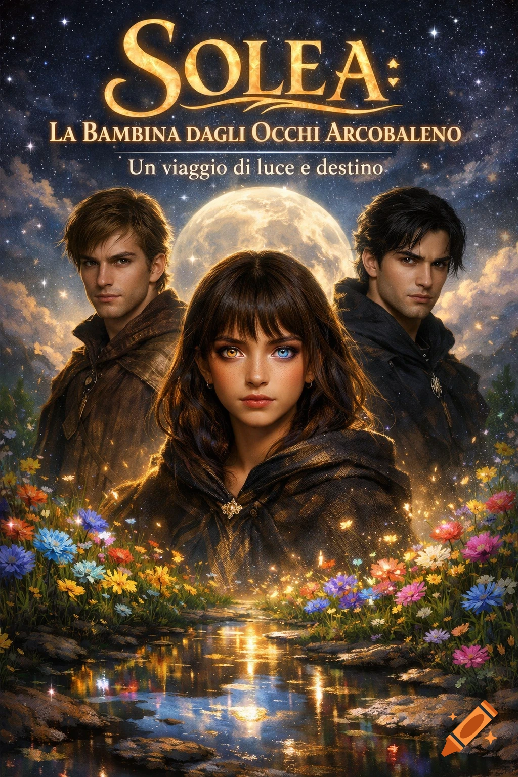 Fantasy book cover with a girl featuring gold and blue eyes flanked by two men in cloaks, under a starry sky with a full moon, colorful flowers, and a reflective stream. Text reads 'Solea: La Bambina dagli Occhi Arcobaleno'.