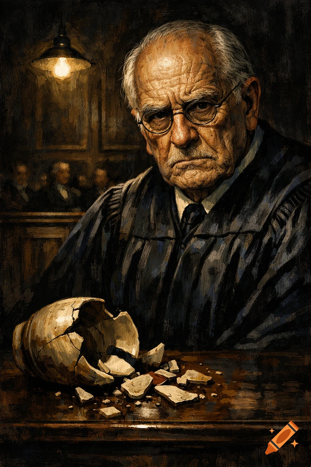 A dramatic painting of a stern old judge in a dark courtroom, looking directly at the viewer, with a broken urn on the table.