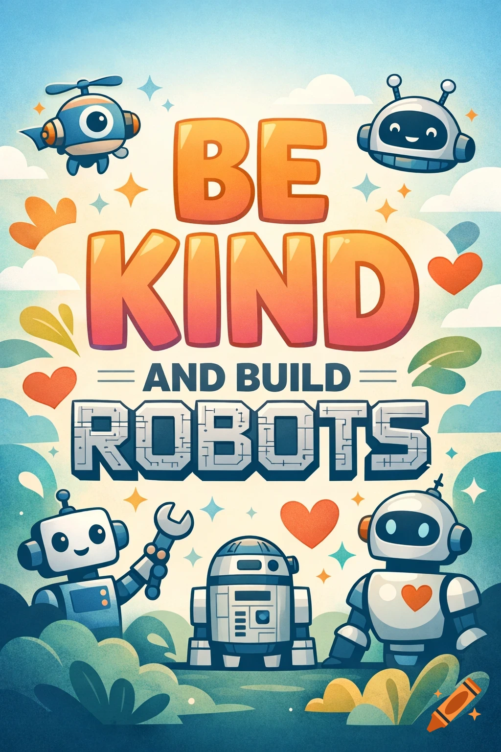A cheerful cartoon poster with robots, hearts, and stars that says 'BE KIND AND BUILD ROBOTS'.