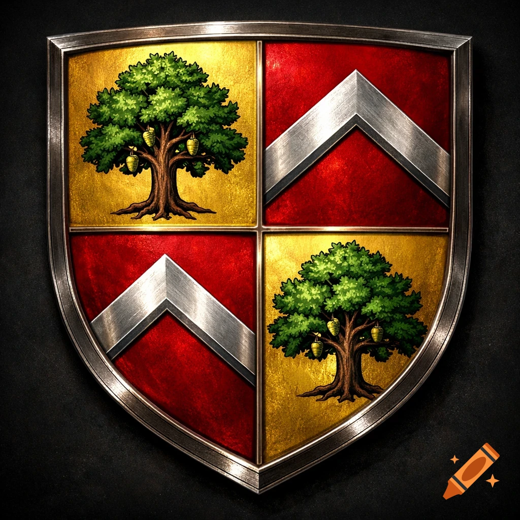 A quartered heraldic shield with golden sections displaying green oak trees and red sections with silver chevrons.