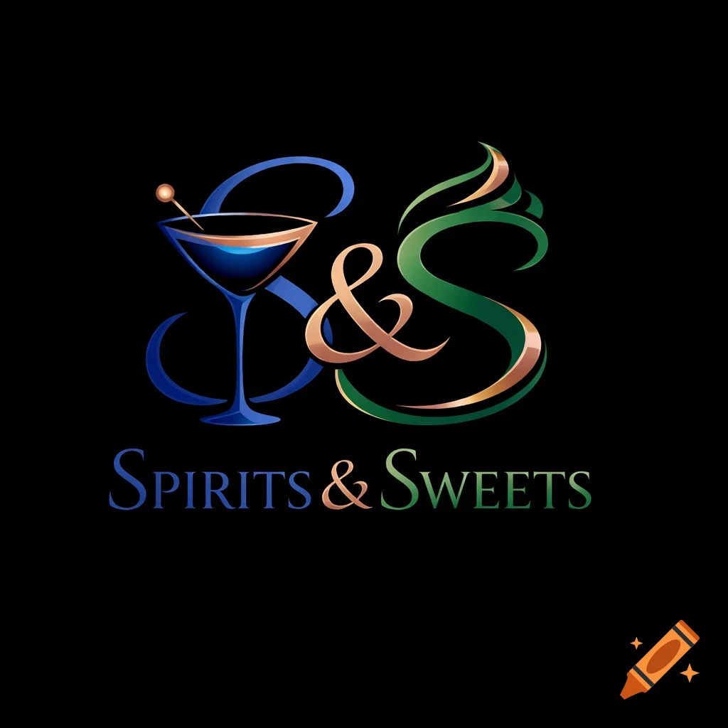 A stylish logo for 'Spirits & Sweets' with a blue 'S', green 'S', gold ampersand, and a martini glass.