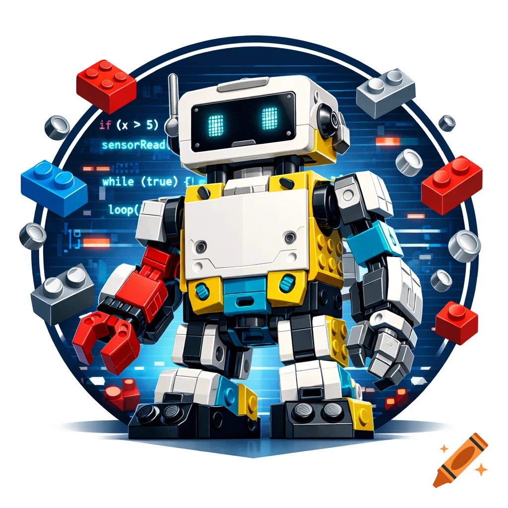 A colorful Lego Spike Prime robot stands prominently against a blue circuit board background with programming code and floating Lego bricks.