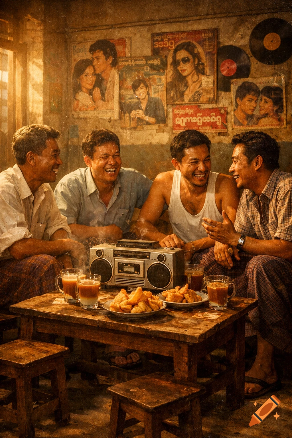 Four Burmese men in traditional longyis laugh around a wooden table with a vintage boombox, tea, and samosas in a sun-drenched tea shop with faded posters, rendered in a vintage photography style.
