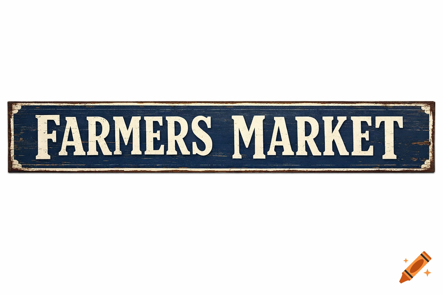 A rectangular rustic dark blue wooden sign with "FARMERS MARKET" in cream-colored capital letters.