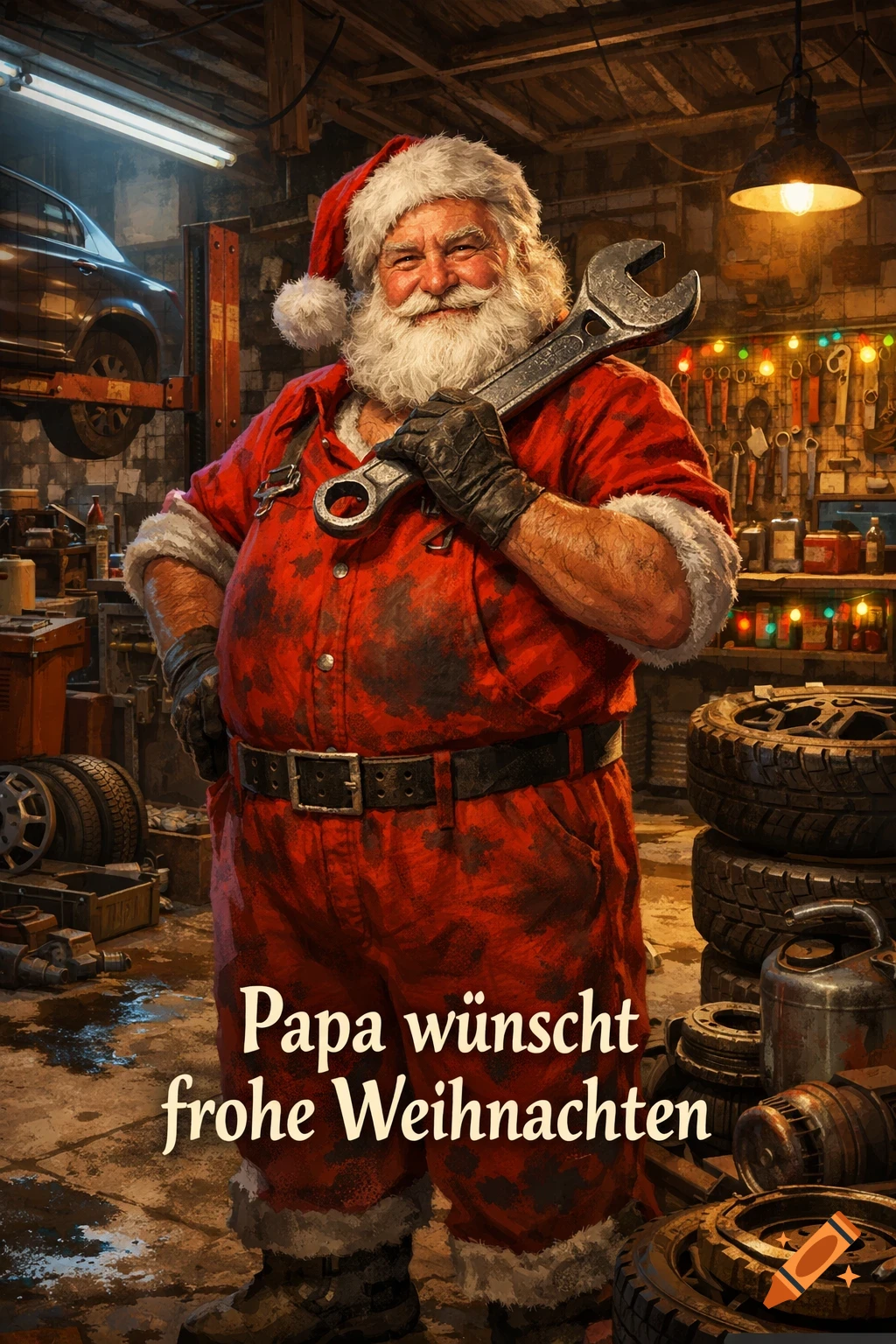 Smiling Santa Claus in a dirty mechanic suit holds a large wrench in a cluttered auto workshop. Text reads "Papa wünscht frohe Weihnachten".