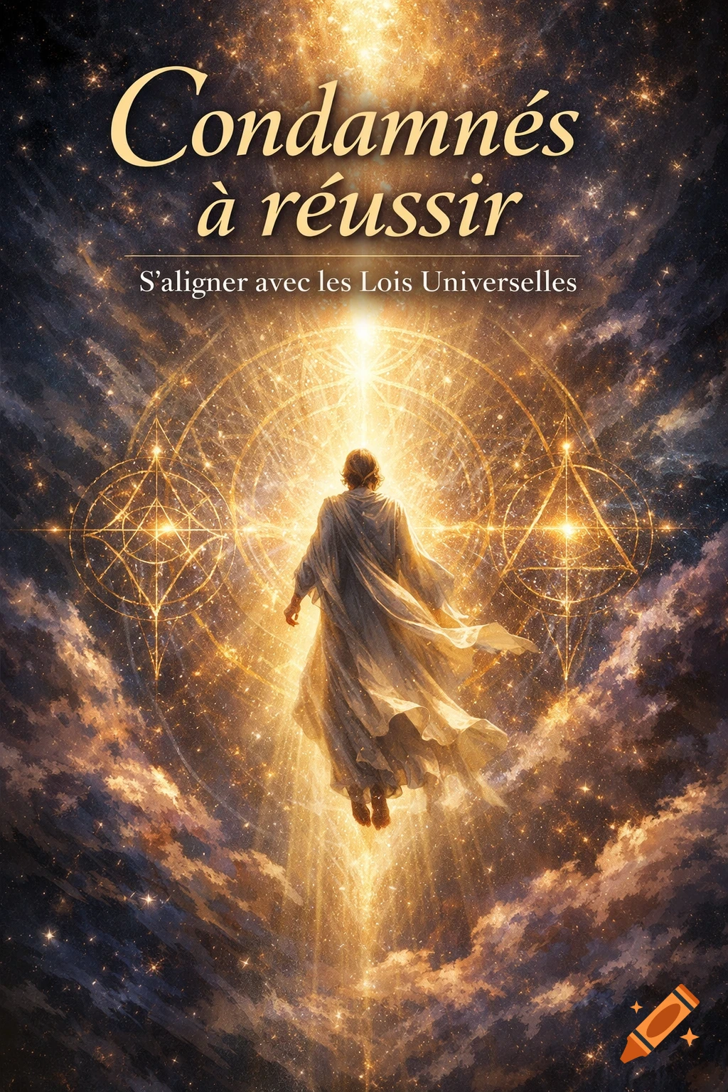 Ethereal illustration of a figure in flowing robes floating in a cosmic sky with glowing patterns. Features French text "Condamnés à réussir" and "S'aligner avec les Lois Universelles".