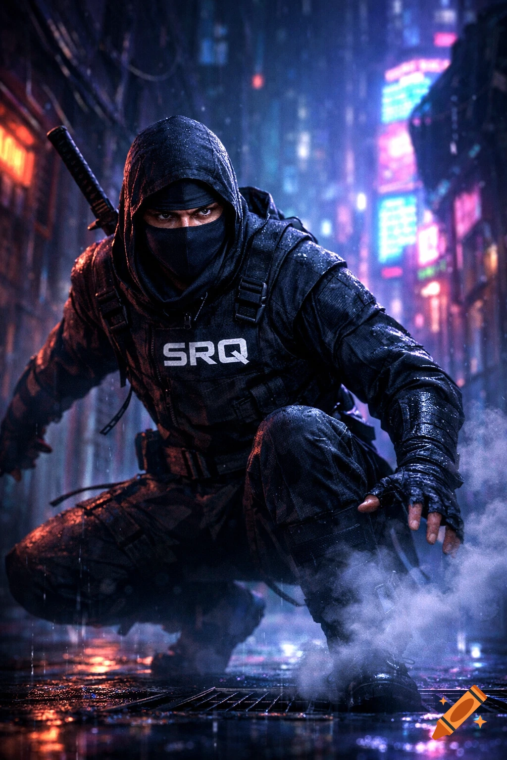 A masked ninja in dark tactical gear crouches in a rain-slicked cyberpunk alley with neon lights in the background.