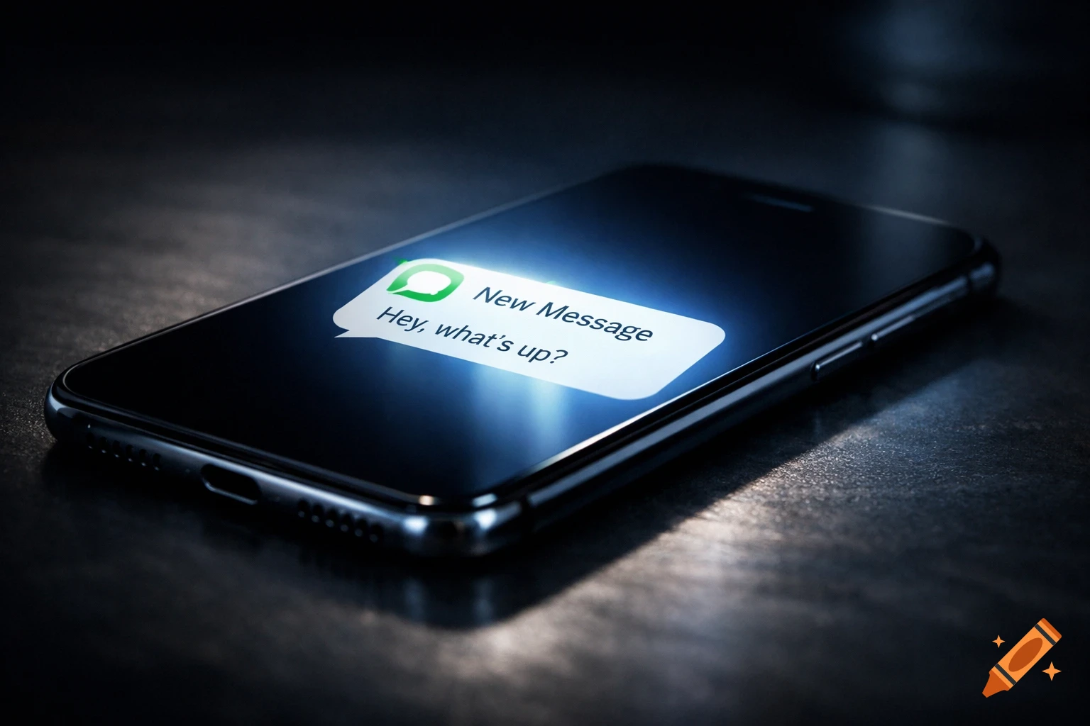 Photorealistic image of a smartphone displaying a 'New Message' notification on its screen in a dimly lit setting.