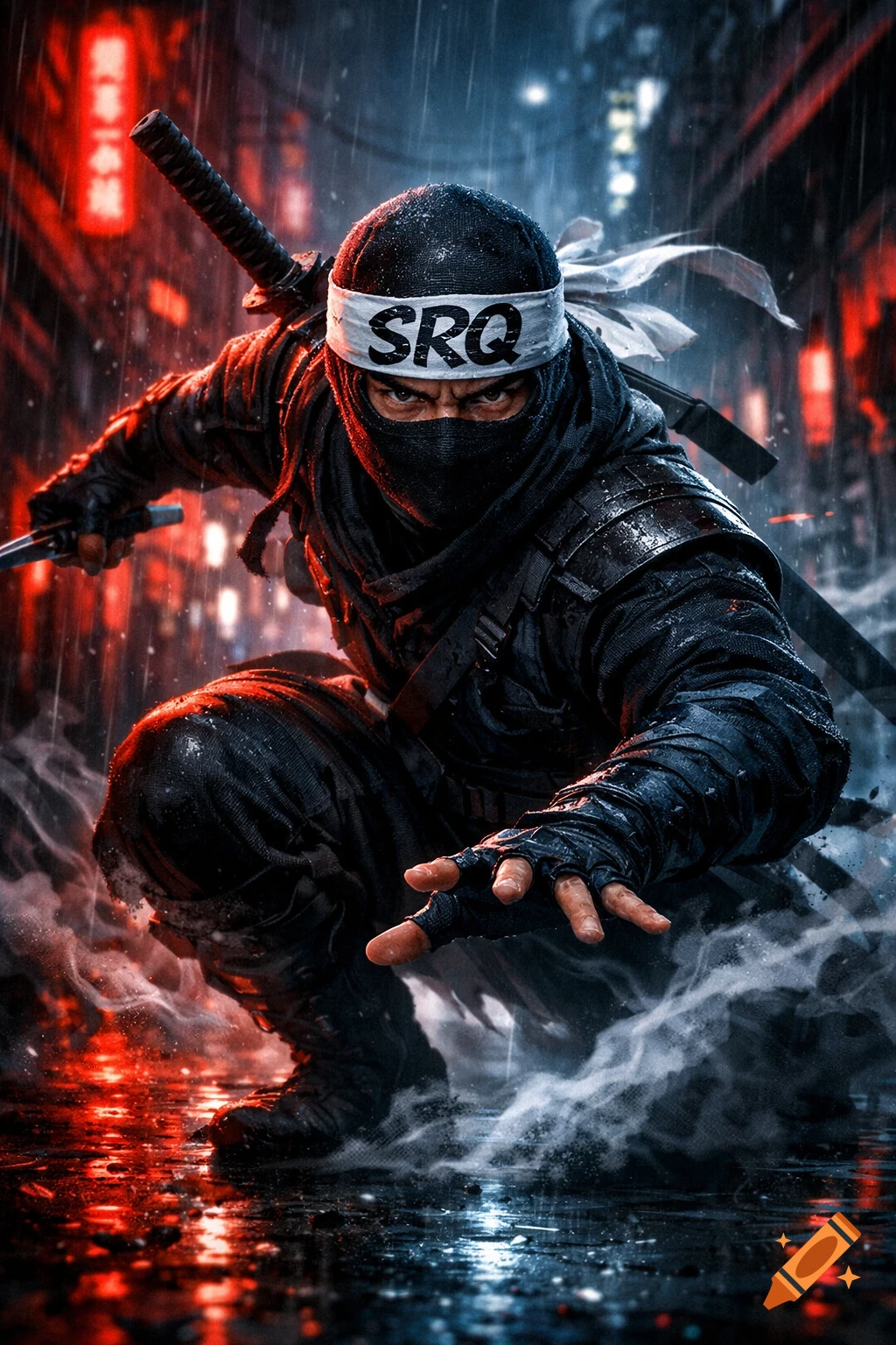 A ninja in a dark, rainy, neon-lit urban alley, wearing a headband with 'SRQ' and holding a sword, in a crouching stance.