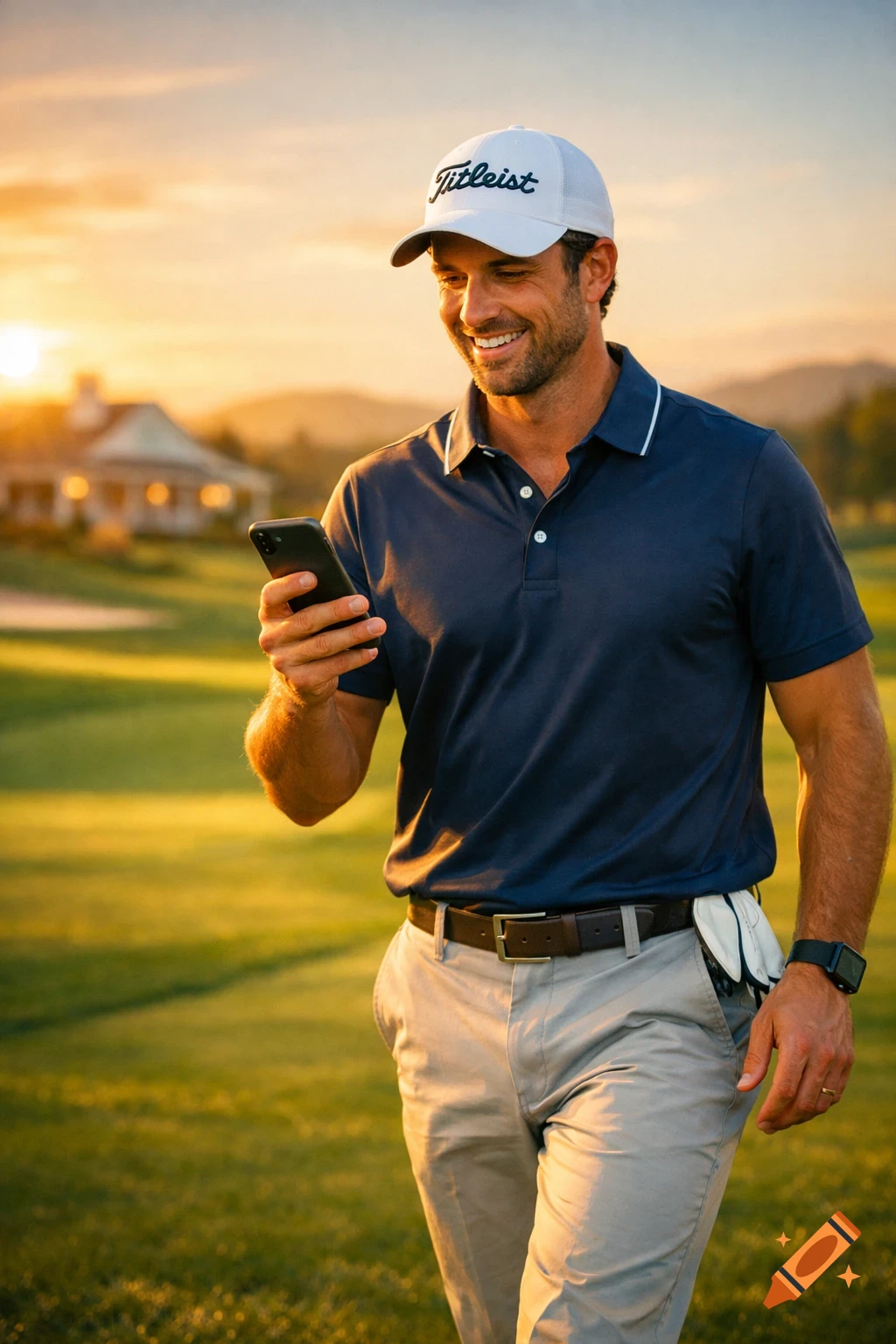 Smiling man in golf attire looking at his phone on a golf course at sunset, photorealistic style.