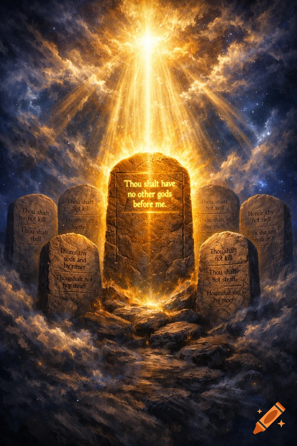 Ten Commandments tablets glowing with divine light under a cloudy, star-filled sky.