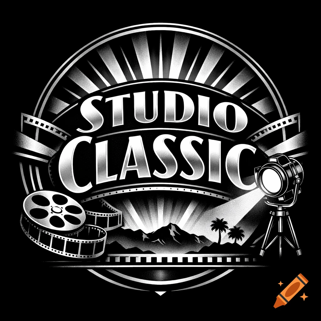 Black and white vintage logo for Studio Classic with film reels, a spotlight, mountains, and palm trees.