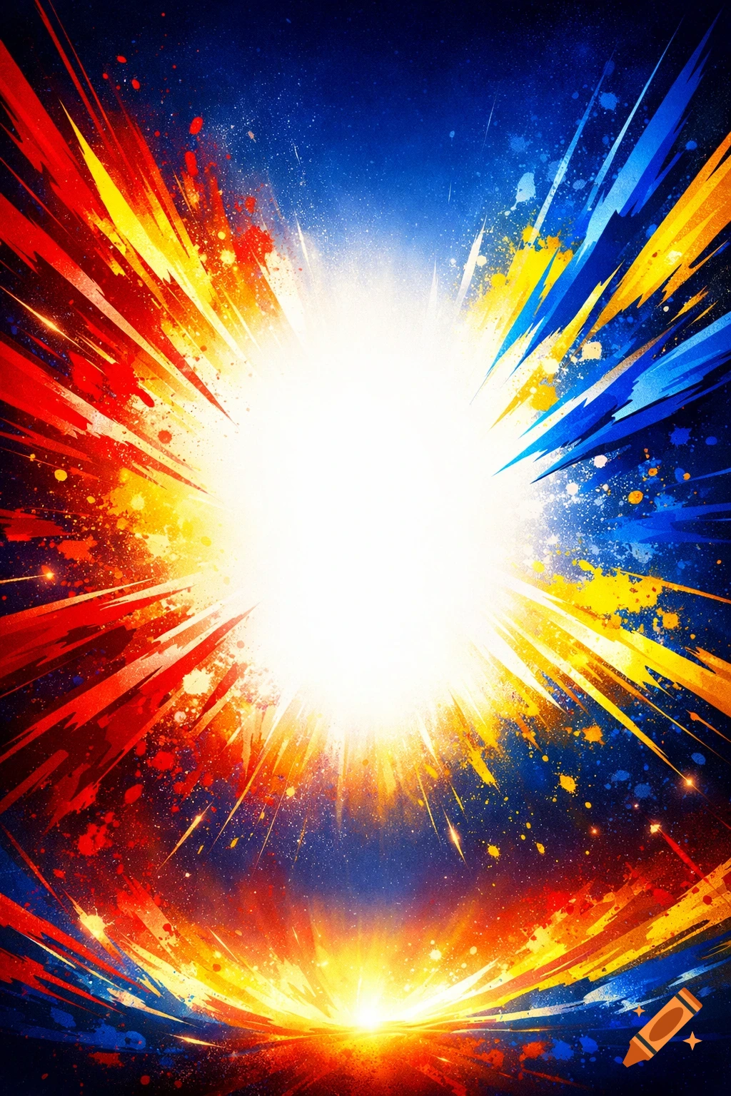 A dynamic and colorful abstract explosion of red, yellow, and blue colors radiating from a bright white center.