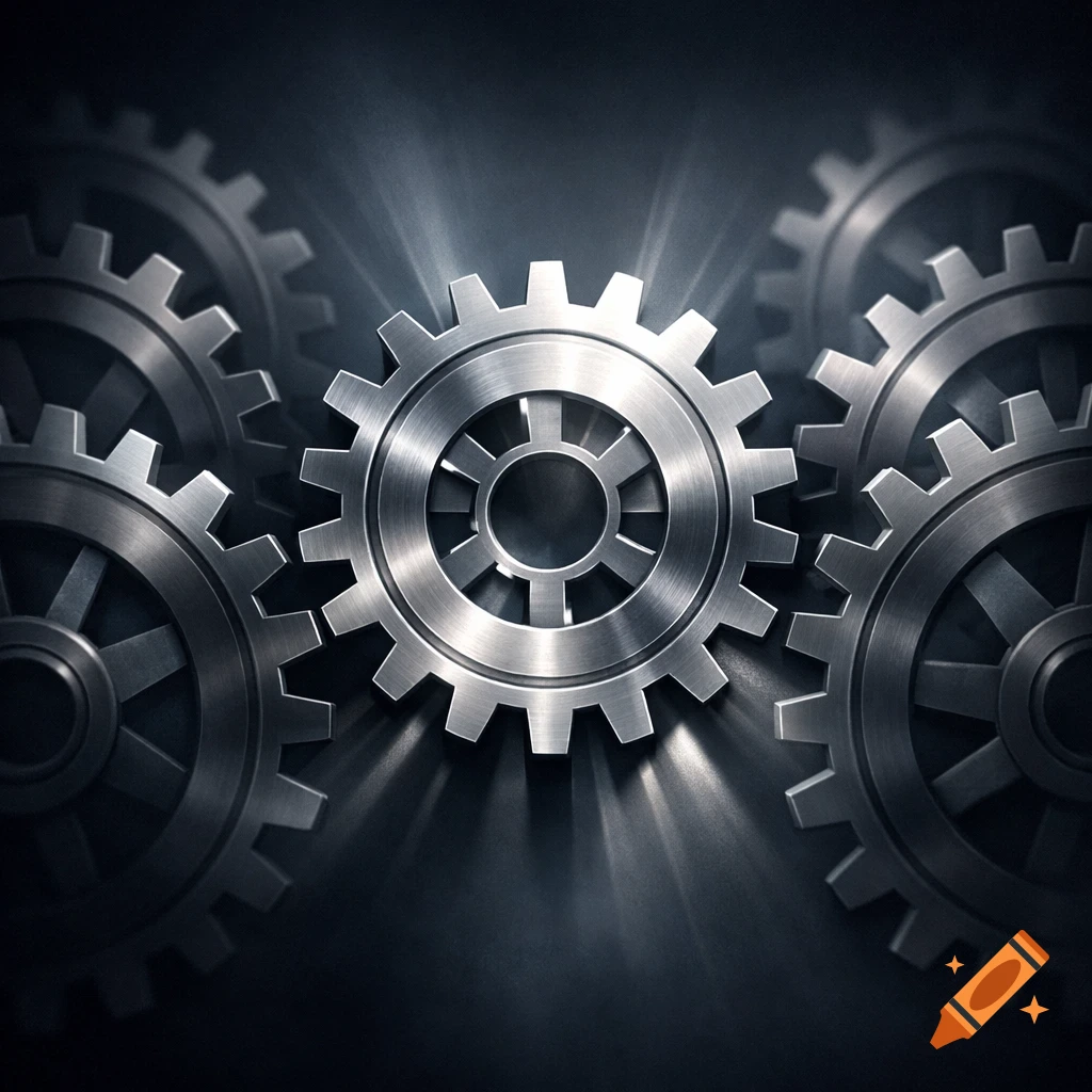 Close-up of shiny metallic gears interconnected, with the central gear brightly illuminated against a dark background.