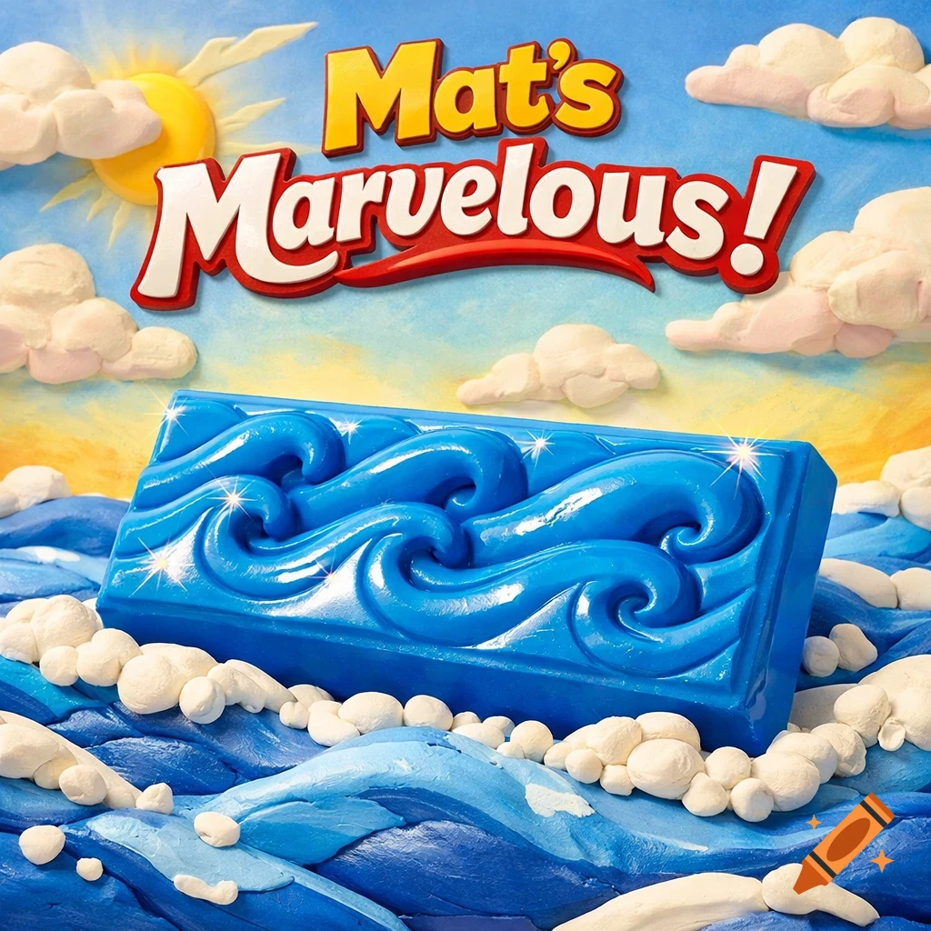 Claymation ad for Mat's Marvelous! chocolate bar, blue with waves, on ocean waves under a sunny sky.