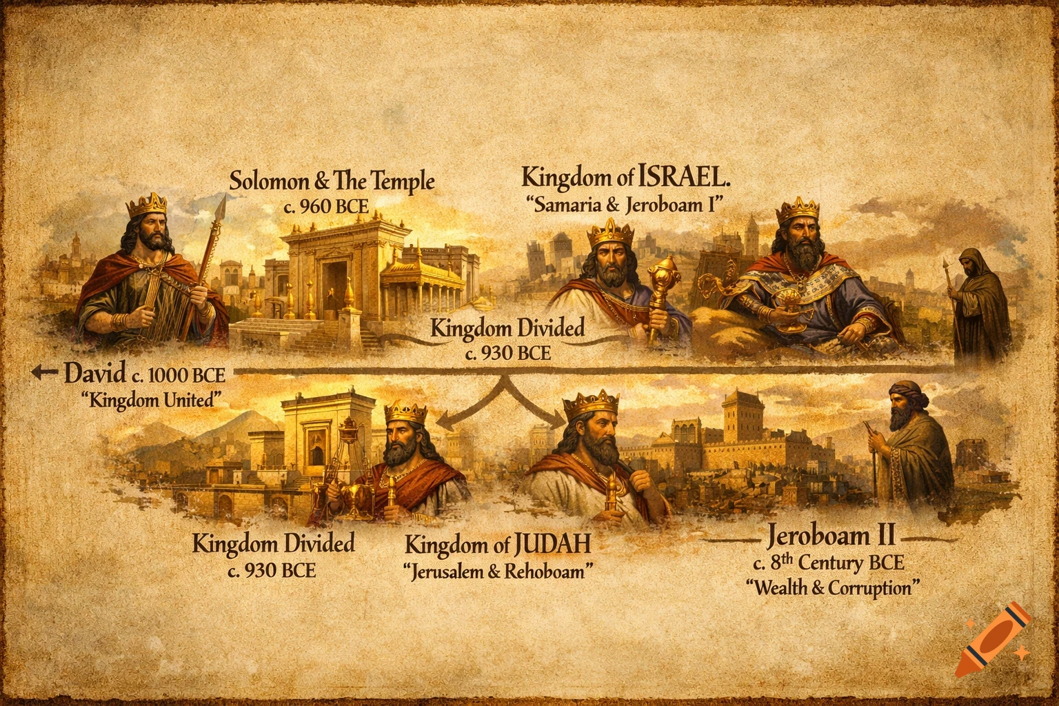 A detailed timeline depicting biblical kings David, Solomon, Jeroboam I, Rehoboam, and Jeroboam II with their respective kingdoms and temples on an aged parchment background.