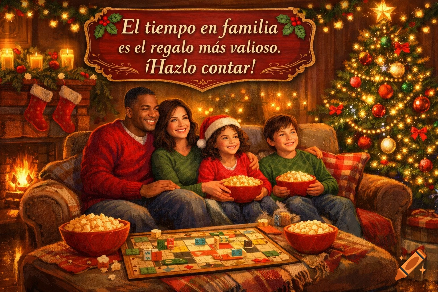 A multi-ethnic family plays a board game and eats popcorn in a cozy, warmly lit Christmas living room with a decorated tree and fireplace.