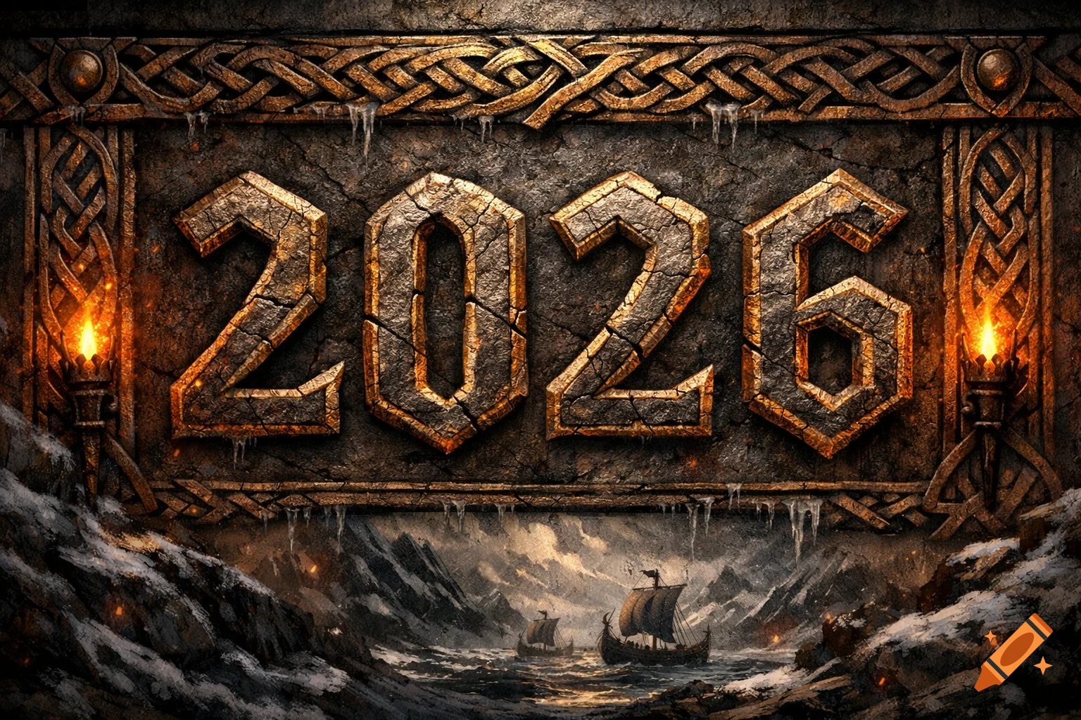 A dark, atmospheric image of the year 2026 carved into a stone slab with ornate Viking knotwork, torches, snowy mountains, and longships on a stormy sea below.