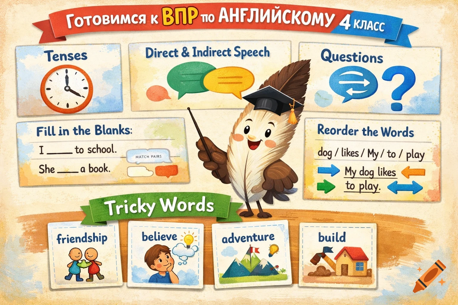 A colorful educational poster for English grammar and vocabulary for 4th grade, featuring a cartoon feather character as a teacher.