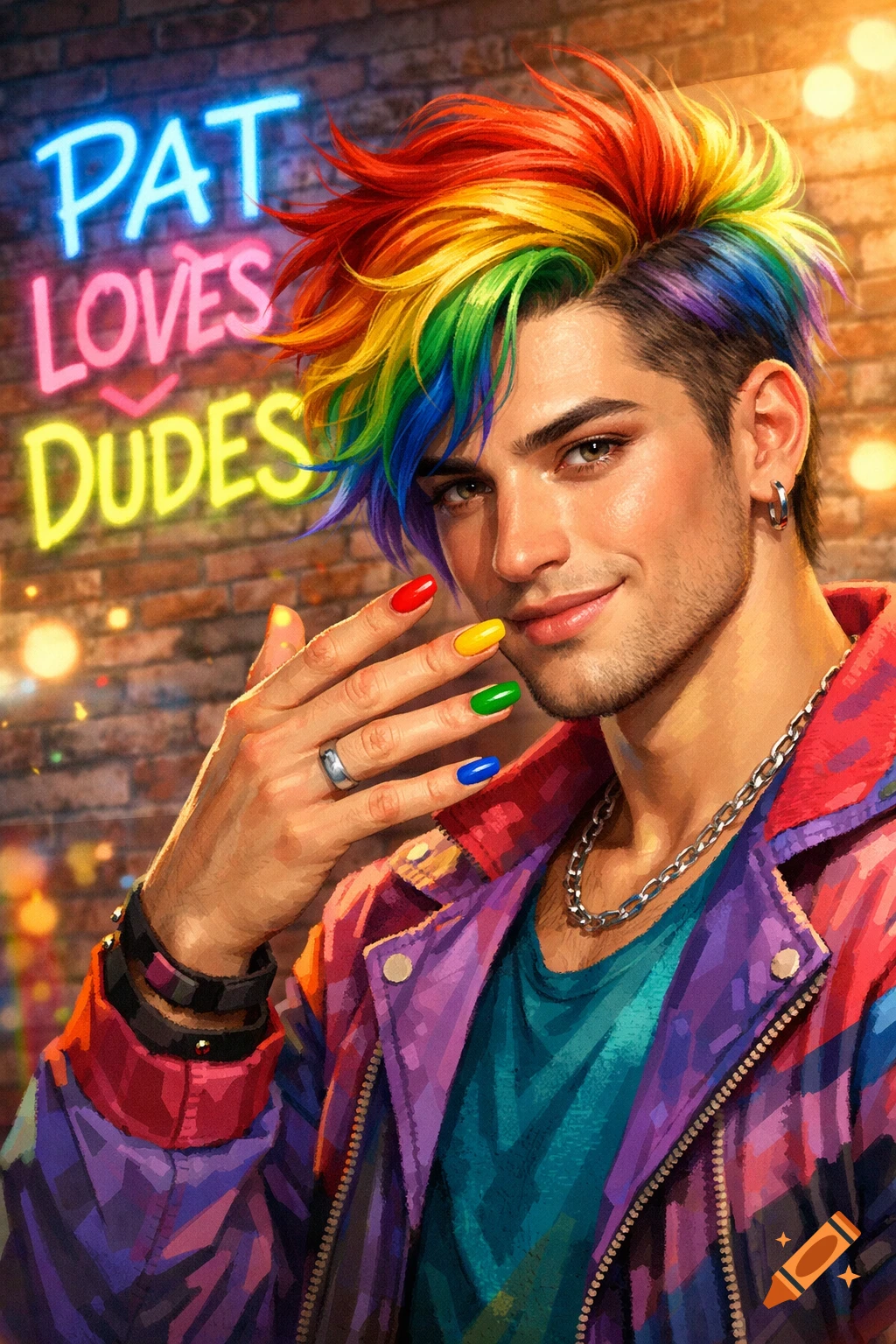 Smiling man with rainbow hair and colorful painted nails in a rainbow jacket. A neon sign in the background reads 'PAT LOVES DUDES'.