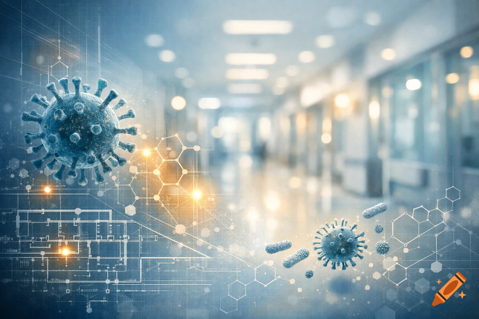 Blue viruses and bacteria float in a hospital hallway with glowing scientific patterns, symbolizing infectious risk.