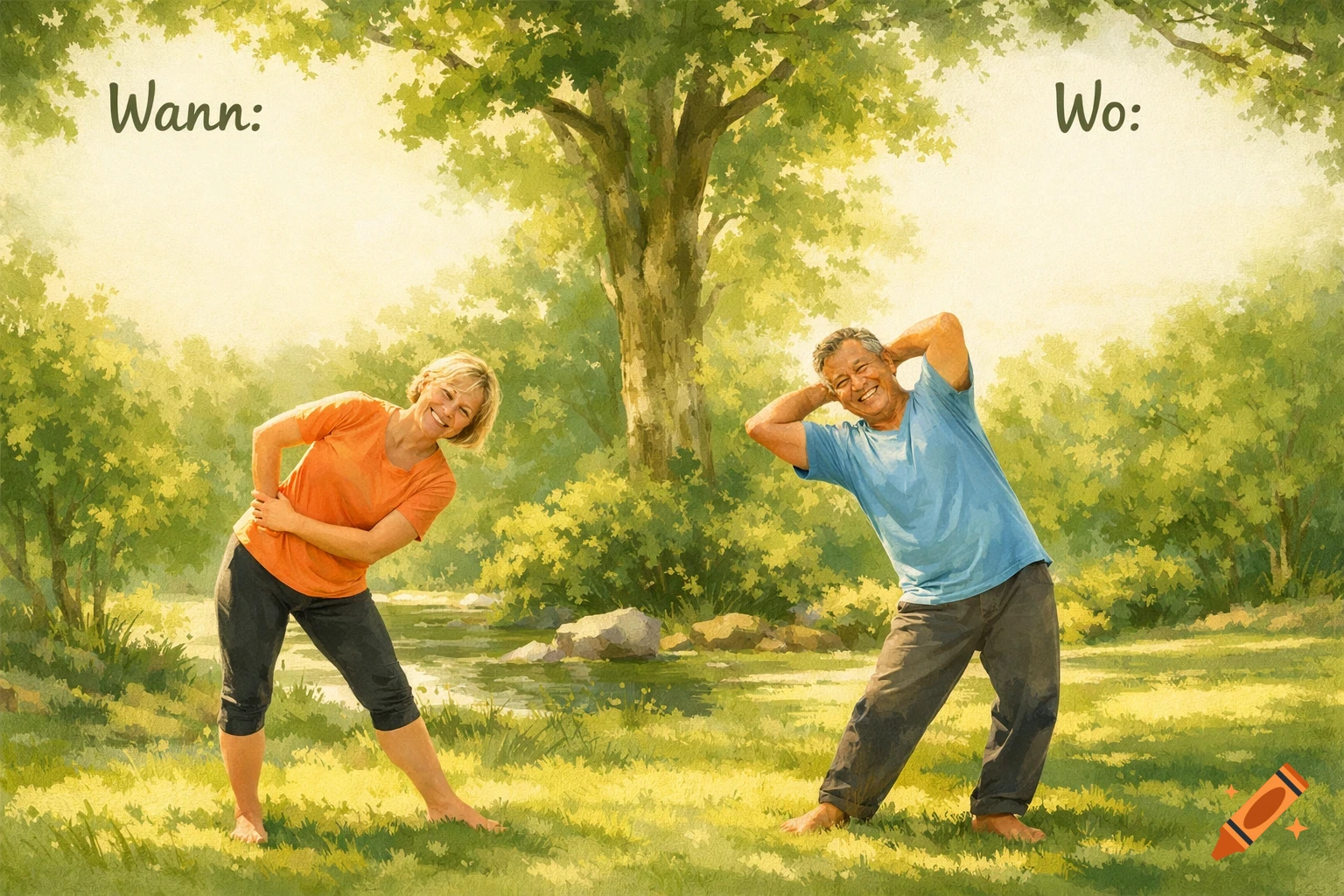 A smiling man and woman in athletic wear stretching outdoors in a lush green park with a river. Text says "Wann:" and "Wo:". Painterly style.