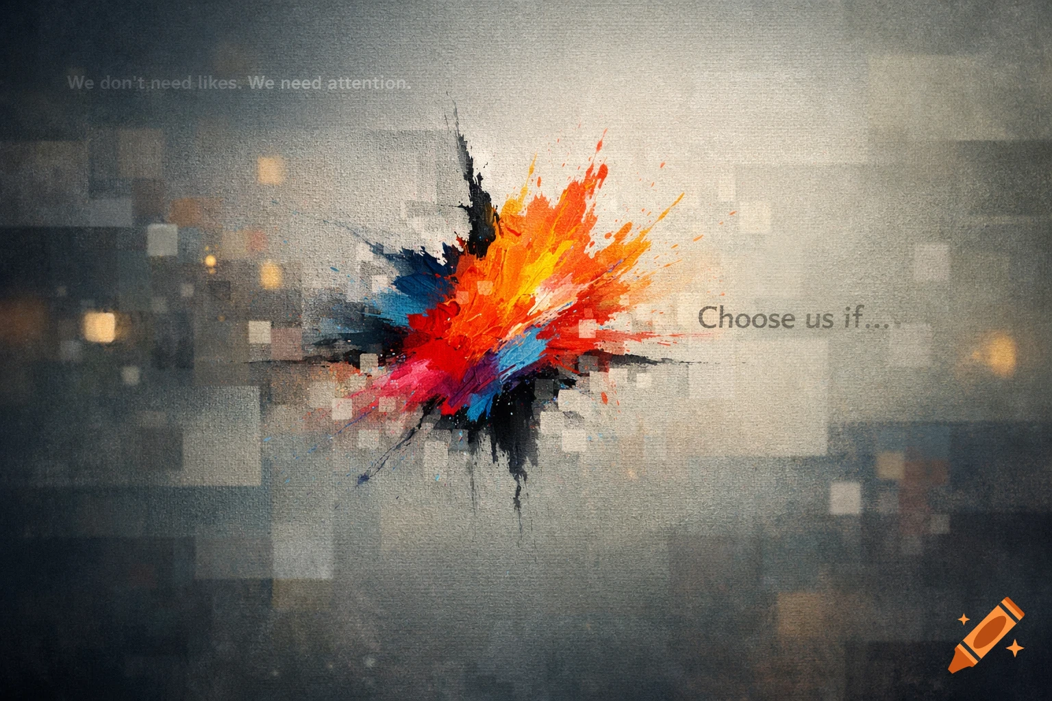 Abstract image with a vibrant paint splatter burst in orange, red, and blue on a textured gray background, with quotes.