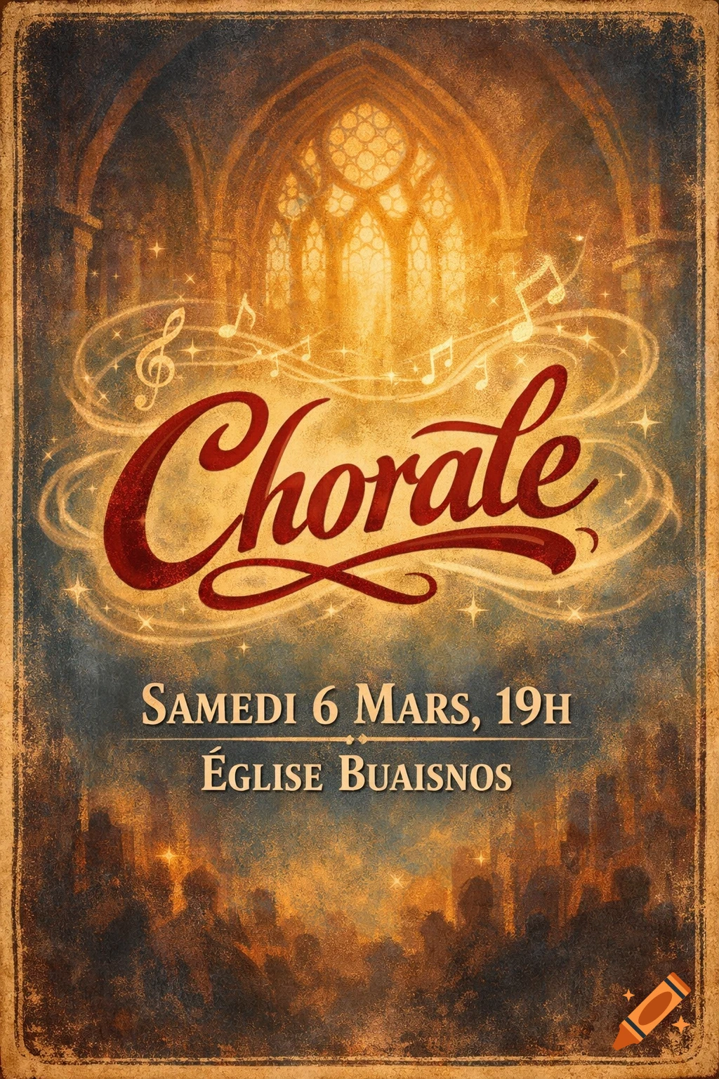 A vintage-style poster for a choir performance, featuring a glowing church interior, the word "Chorale" in red script, and event details.