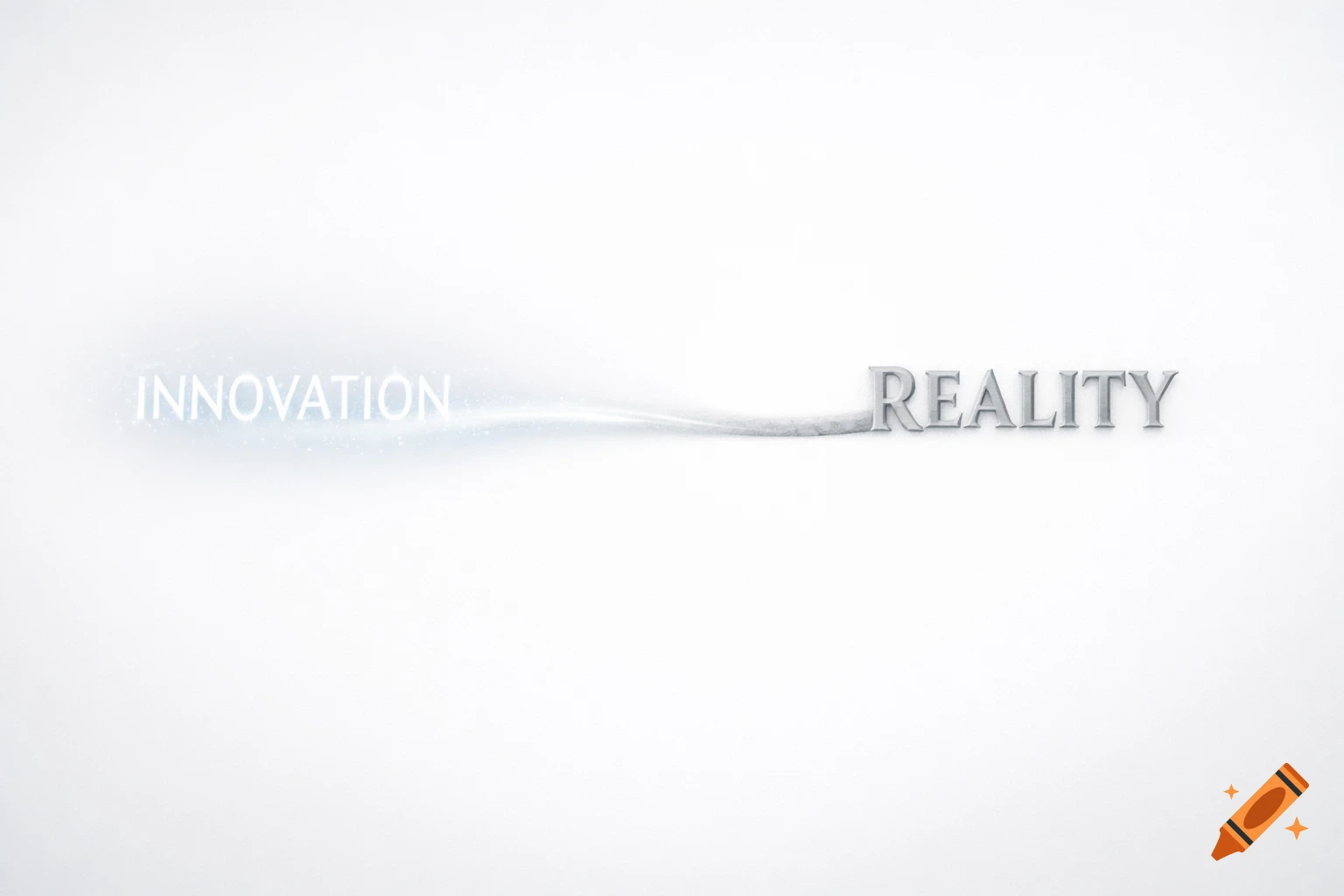 The word 'INNOVATION' in glowing light particles transitions along a path to the word 'REALITY' carved in stone, set on a clean white background.