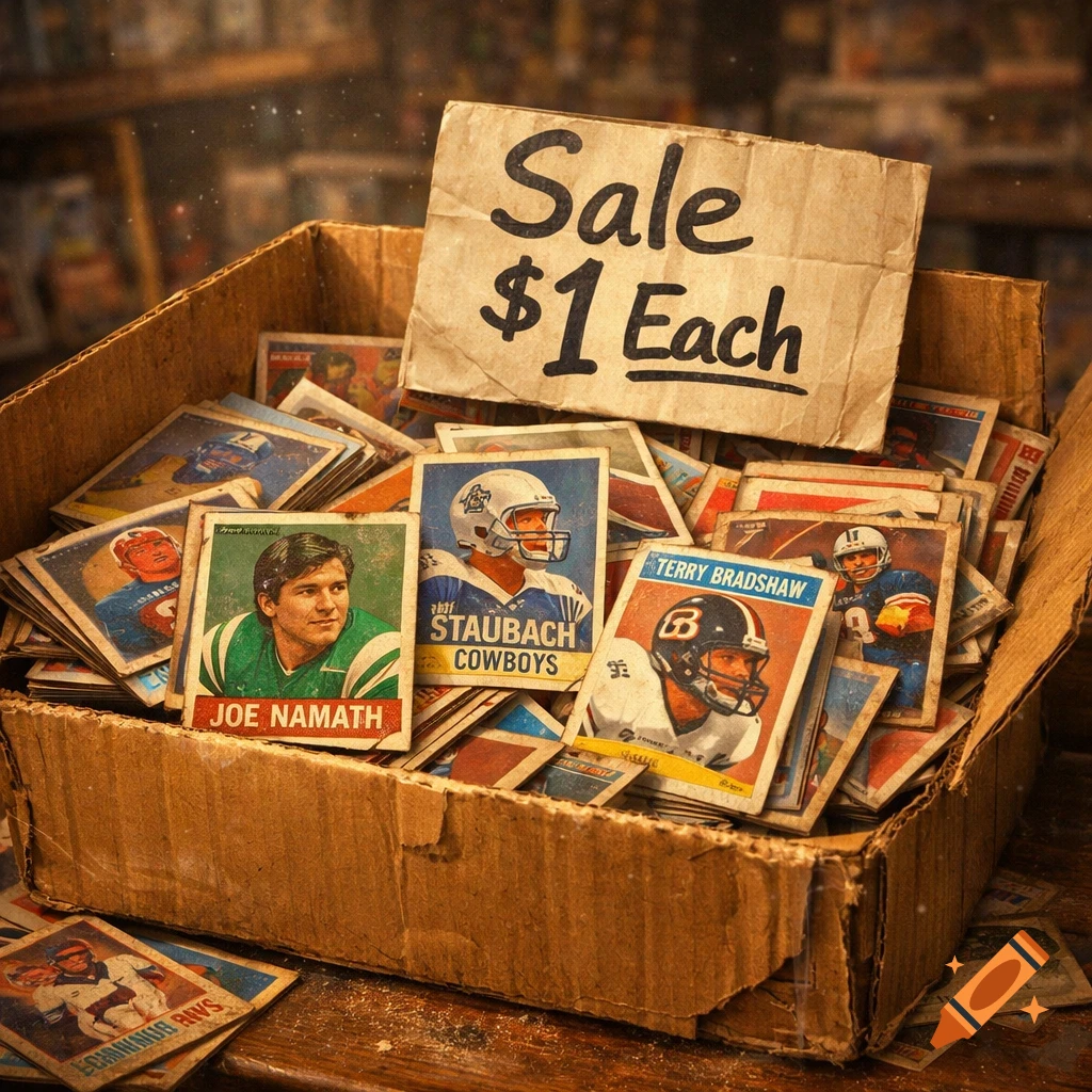 A cardboard box overflowing with vintage football trading cards, with a brown sign reading 'Sale $1 Each' attached to the side.