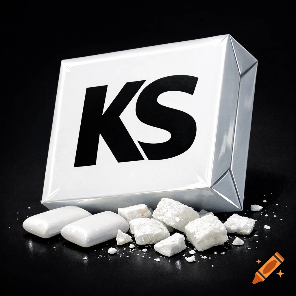 A white box with "KS" in black letters stands upright next to two white rectangular chewing gum pieces and scattered white sugar crystals, all on a black surface.