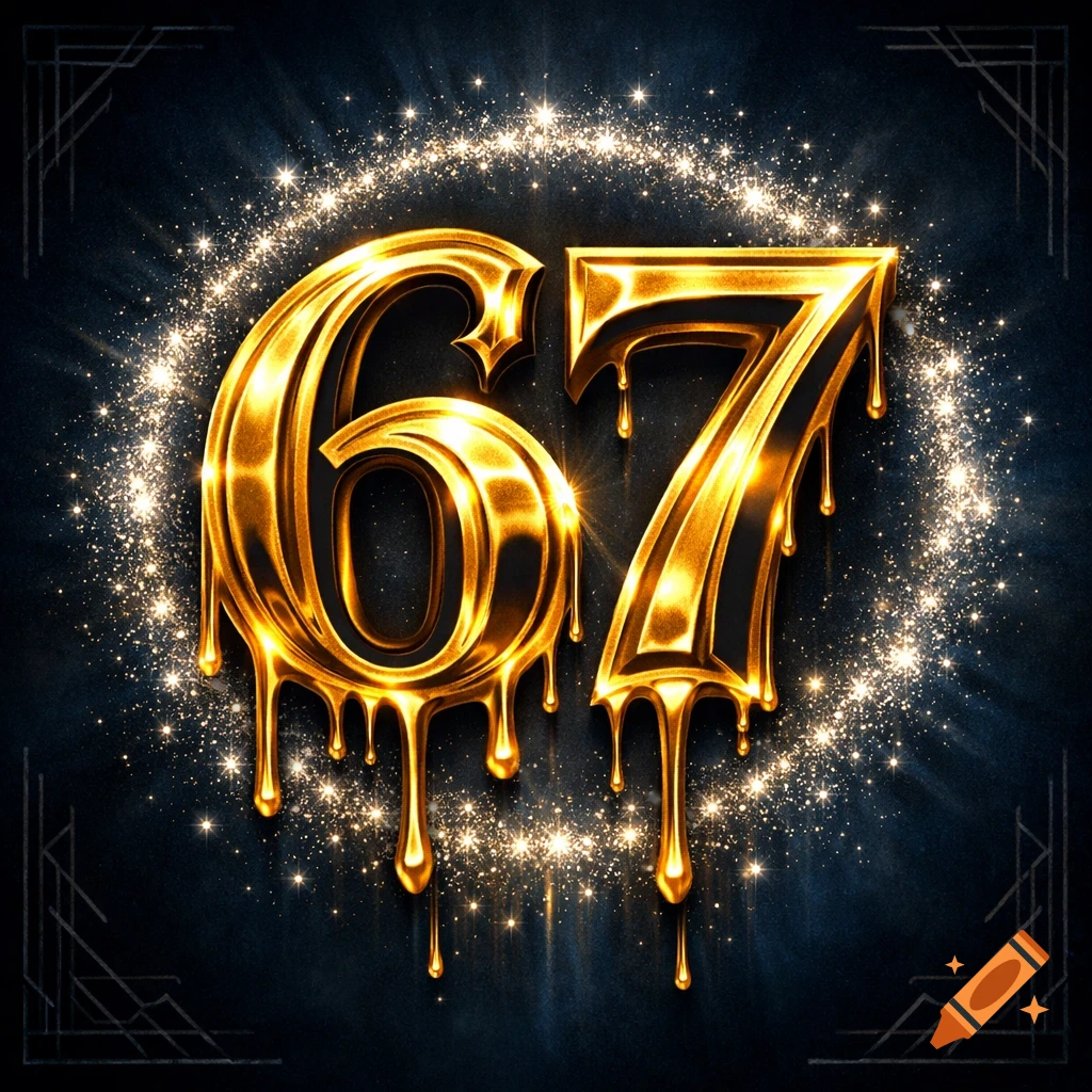Golden dripping numbers '67' with sparkling glitter on a dark background.