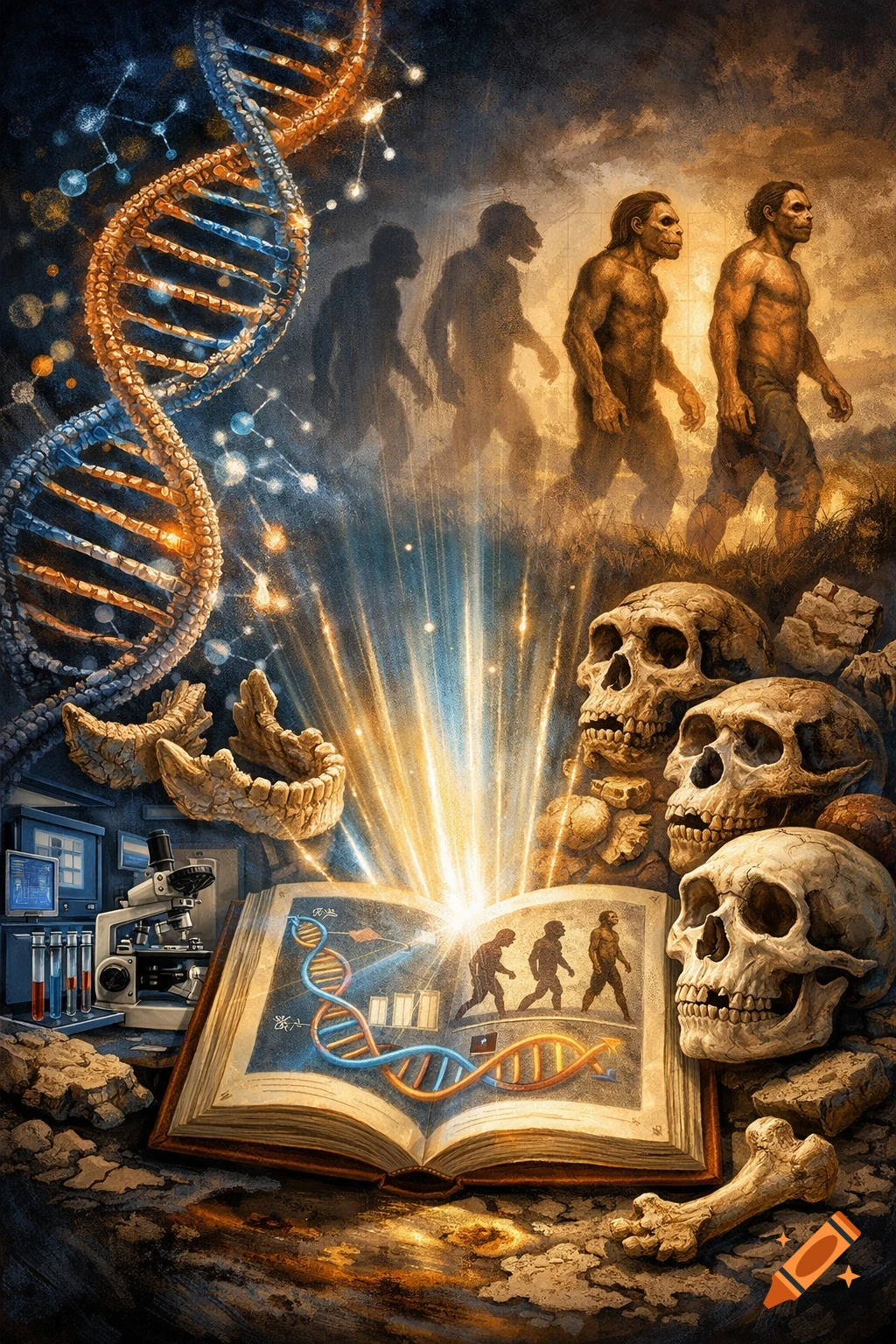 Detailed illustration of a DNA double helix, stages of human evolution, human skulls, laboratory equipment, and an open book radiating light, all symbolizing scientific discovery and progress.