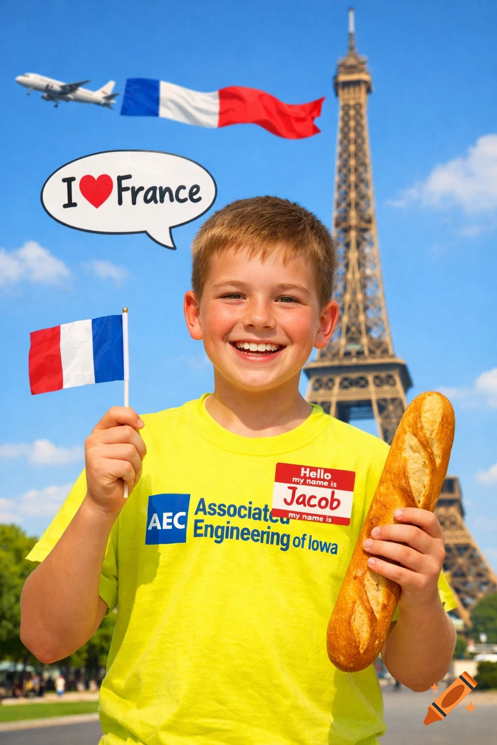 A smiling boy in a yellow shirt holds a French flag and baguette in front of the Eiffel Tower, with a speech bubble saying "I ❤️ France" and an airplane flying a French flag banner.