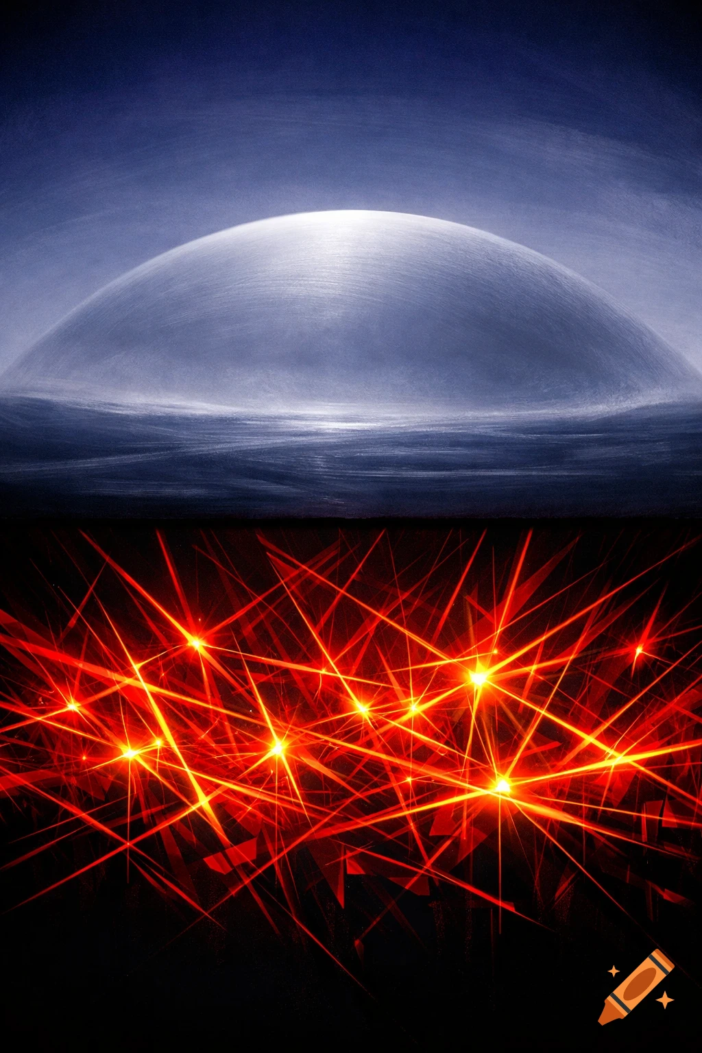 An abstract image divided horizontally. The top half features a large, light-colored dome under a dark blue sky. The bottom half is a chaotic network of bright red-orange lines and starbursts against a black background.