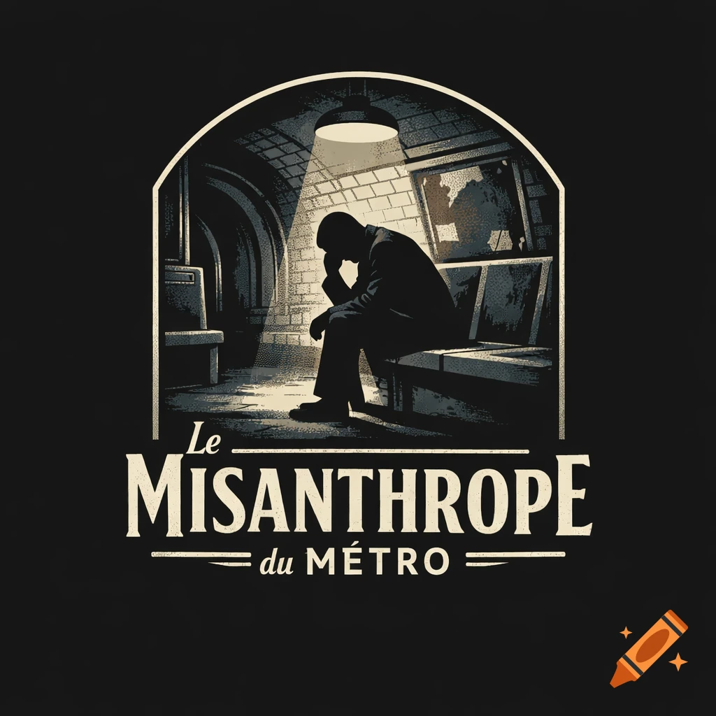 Stylized illustration of a man with his head in his hand, sitting alone on a subway bench under a single light, with the title 'Le Misanthrope du MÉTRO'.