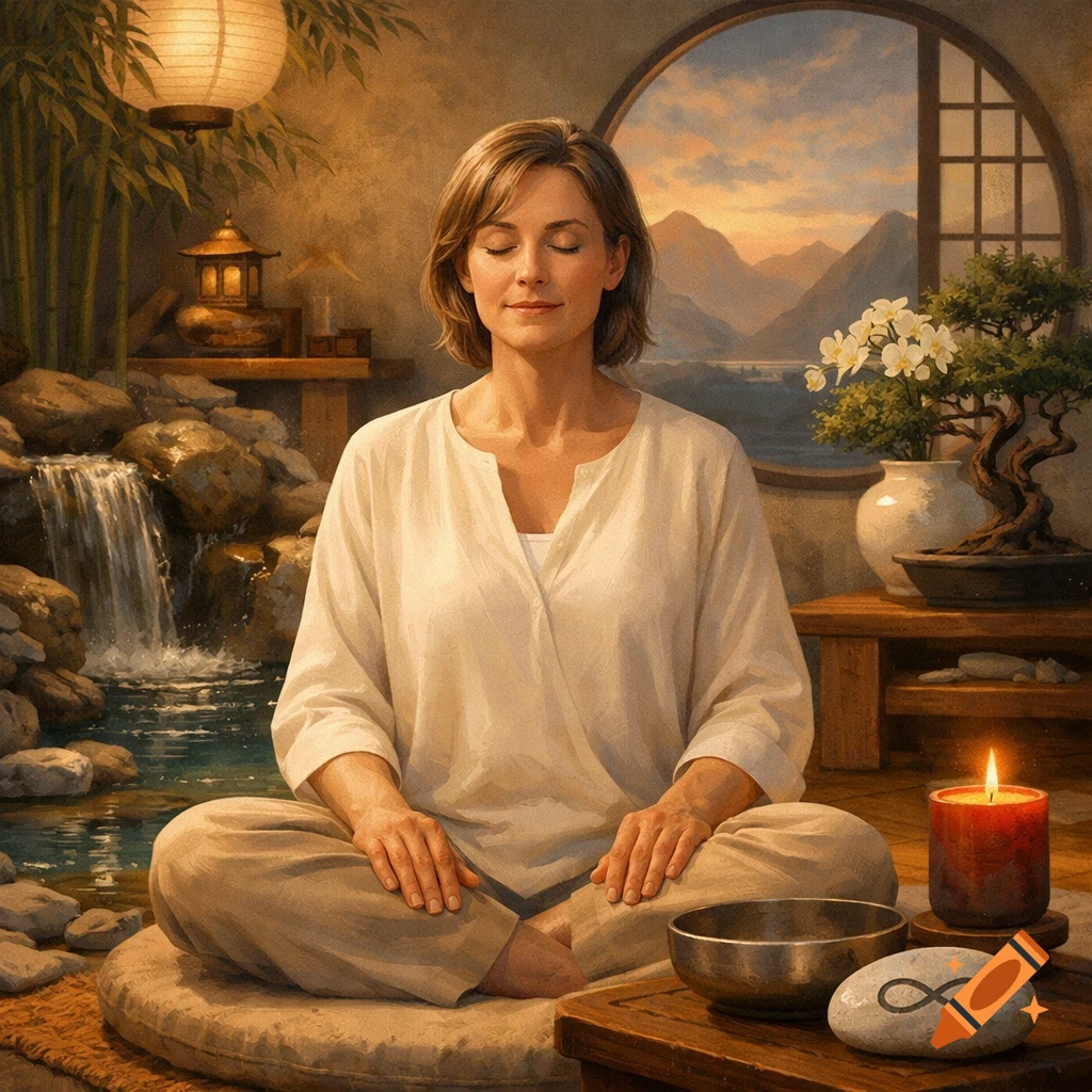 A woman meditates in a peaceful, traditional-style room with a small waterfall, bamboo, a bonsai tree, and a window overlooking mountains at sunset. A lit candle and a stone with an infinity symbol are nearby.