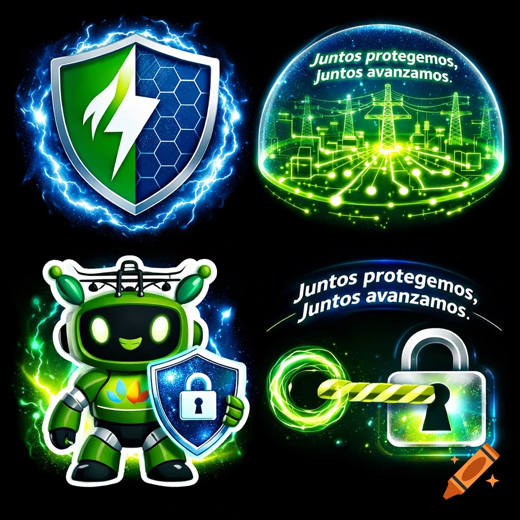 Four vibrant cybersecurity and energy themed stickers: a shield, a glowing city grid, a robot with a shield, and a key unlocking a padlock. The text reads "Juntos protegemos, Juntos avanzamos."