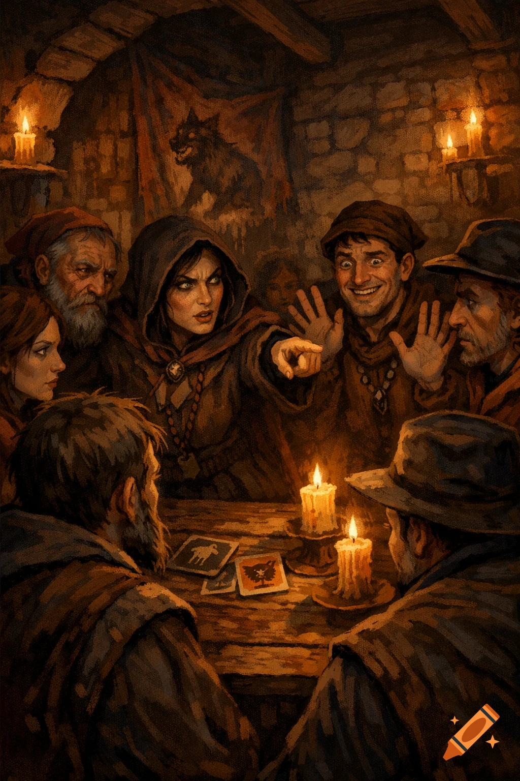 A group of diverse people with dramatic expressions gathered around a candlelit wooden table, playing a card game, in a dark medieval setting.