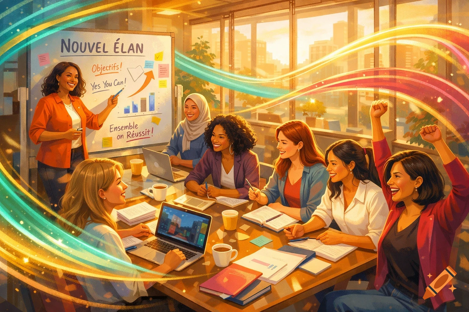 Diverse women in a vibrant, sunlit office meeting, one presenting at a whiteboard, others engaged and cheering.